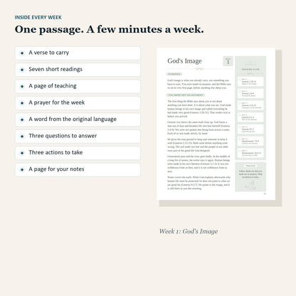 Inside every week: a verse to carry, seven short readings, a page of teaching, a prayer, a word from the original language, three questions, three actions, a page for notes