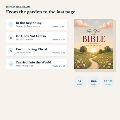 The year in four parts: In the Beginning, He Does Not Let Go, Encountering Christ, Carried Into the World. 52 weeks, 224 pages, 8.5 by 11 inches